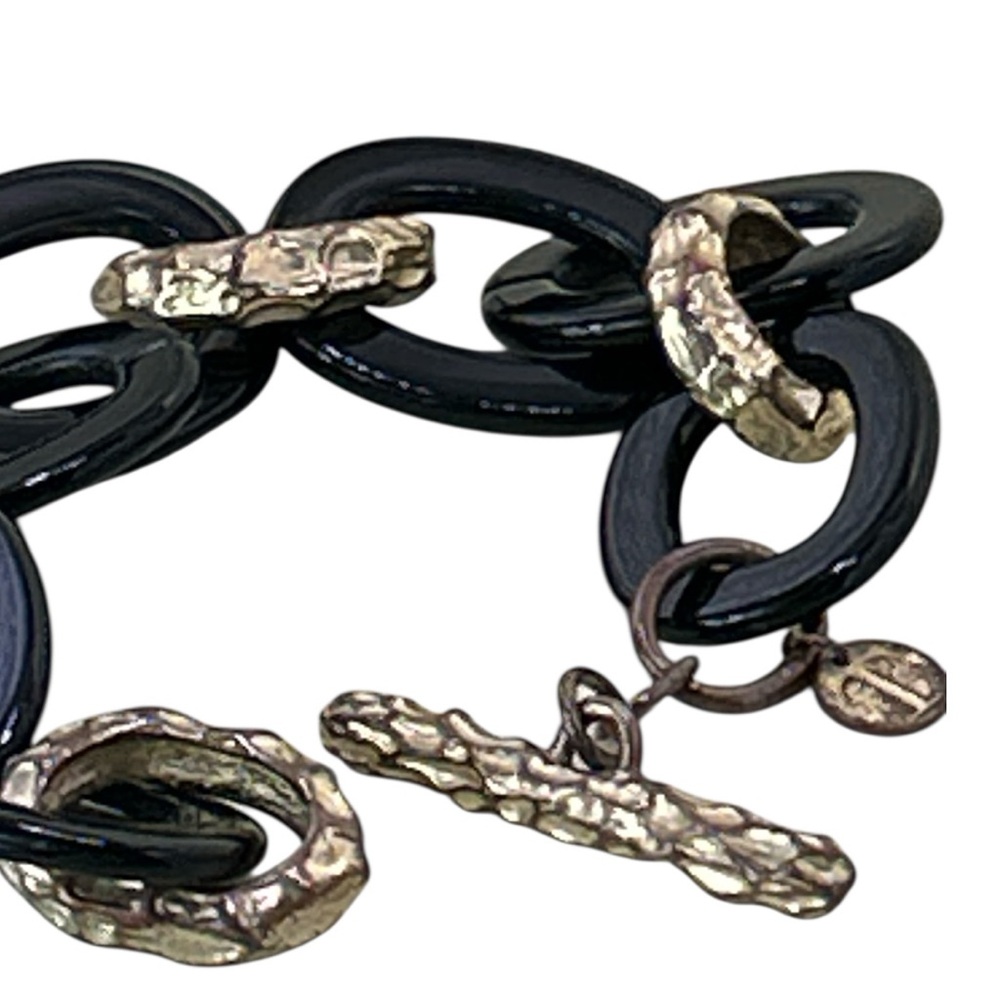 Vintage Trifari* Wide Hammered Gold & Black Open Link Bracelet w/Toggle Clasp 8” - Picture 6 of 8